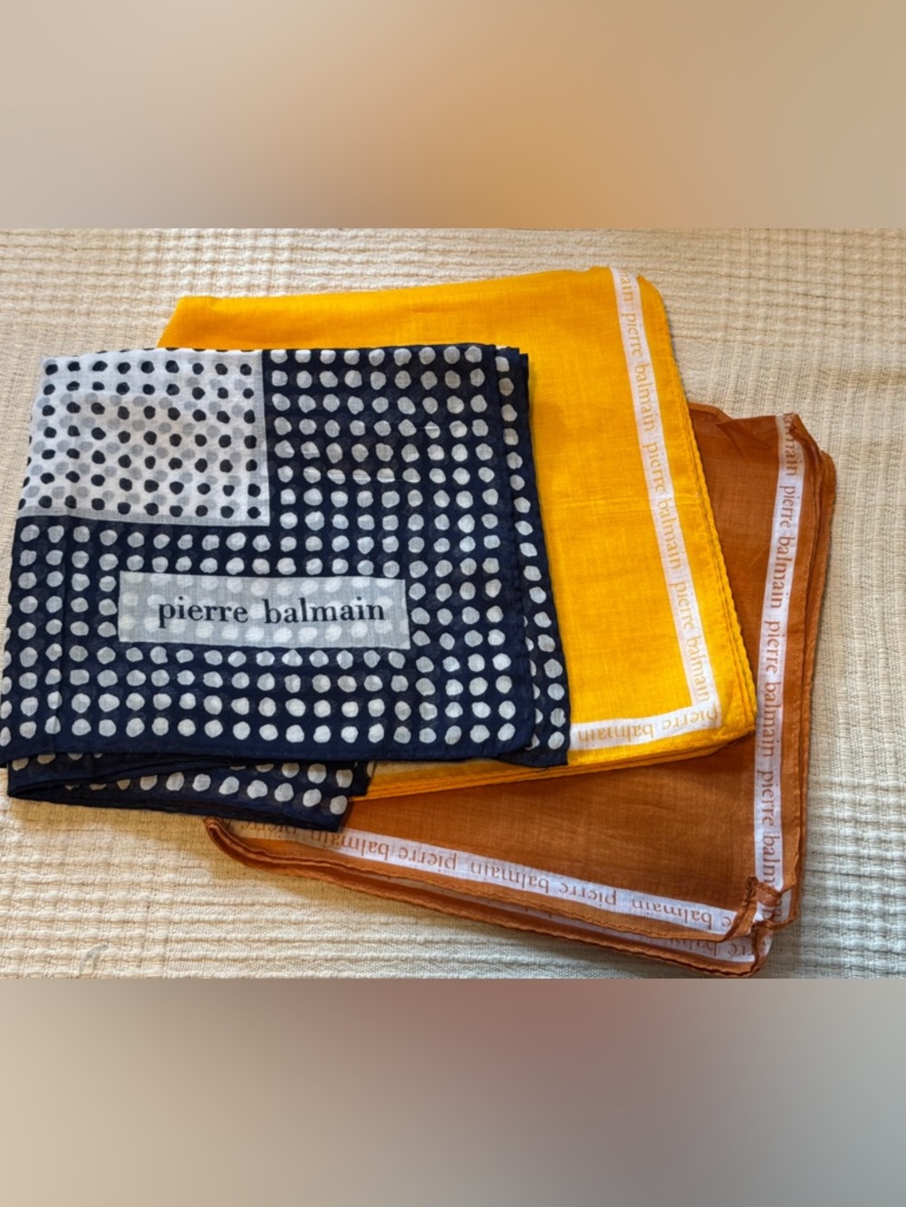 Pierre Balmain 3 Vintage Cotton Square Scarves Lot Trio- Navy dots, Rust, Yellow
